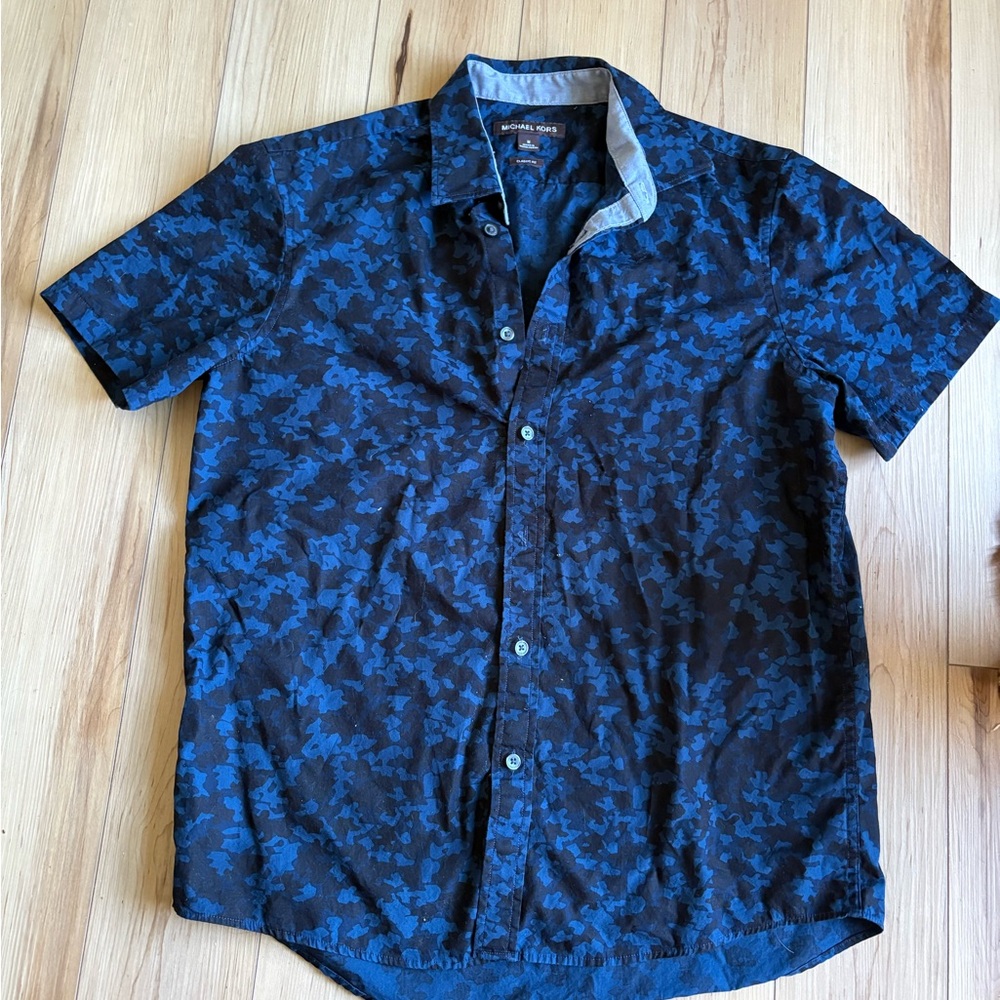 Michael Kors Black and Blue Camo Classic Collared Button Down Shirt
